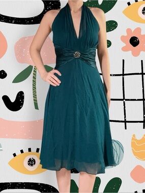 Maggy London | Vintage 100% Silk Emerald Teal Halter Neck Dress